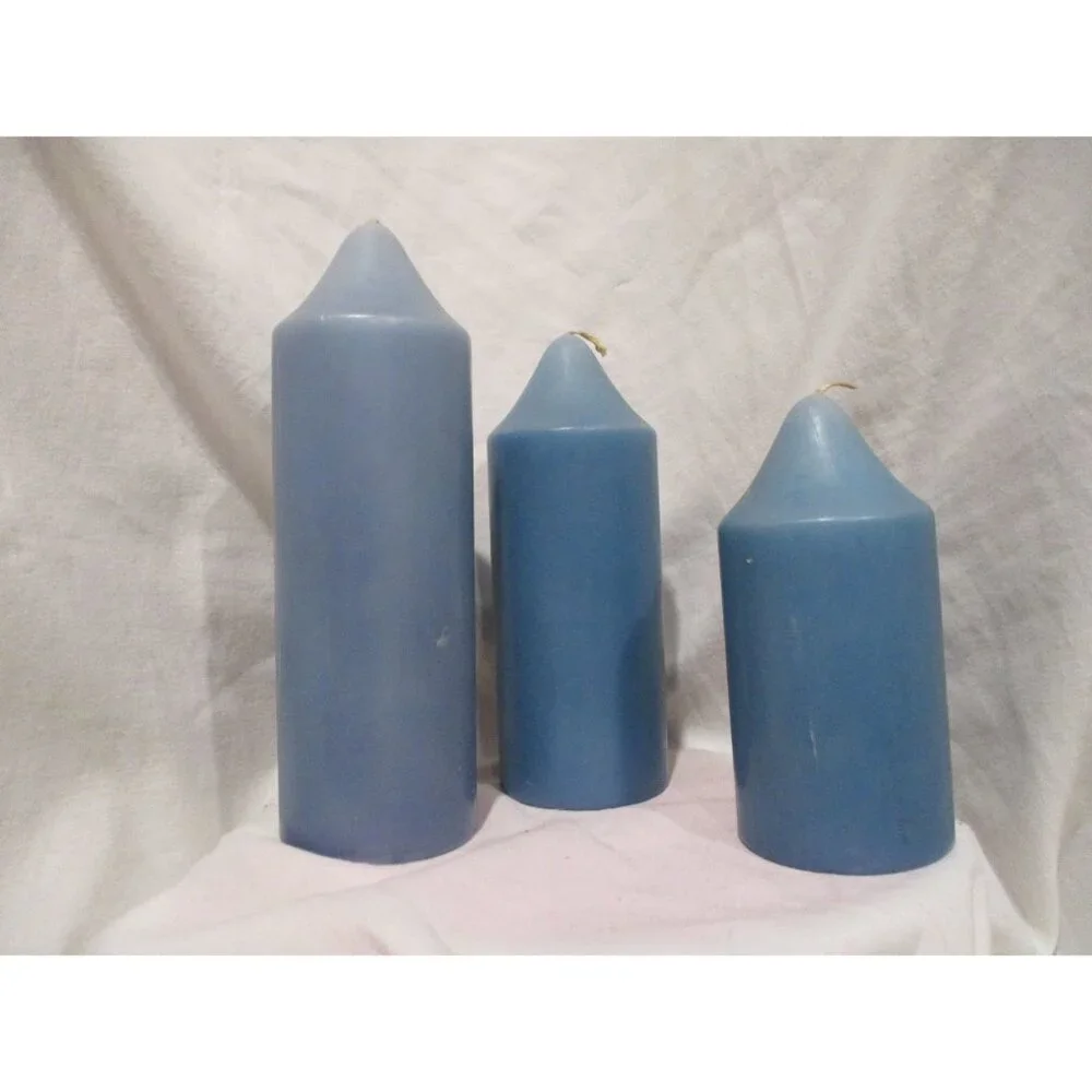 Candles Set‎ of three Blues wax tapered thick three heights unlit